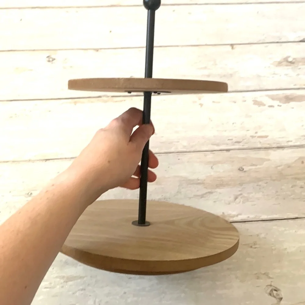 Treat Display 2 Tier Lazy Susan Wood Grain Double Layer Black Pole Turntable